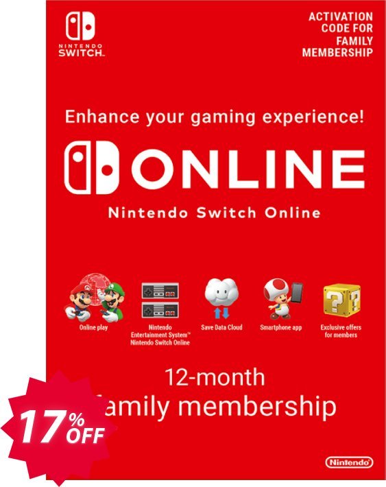 Nintendo Switch Online 12 Month, 365 Day Family Membership Switch Coupon code 17% discount 