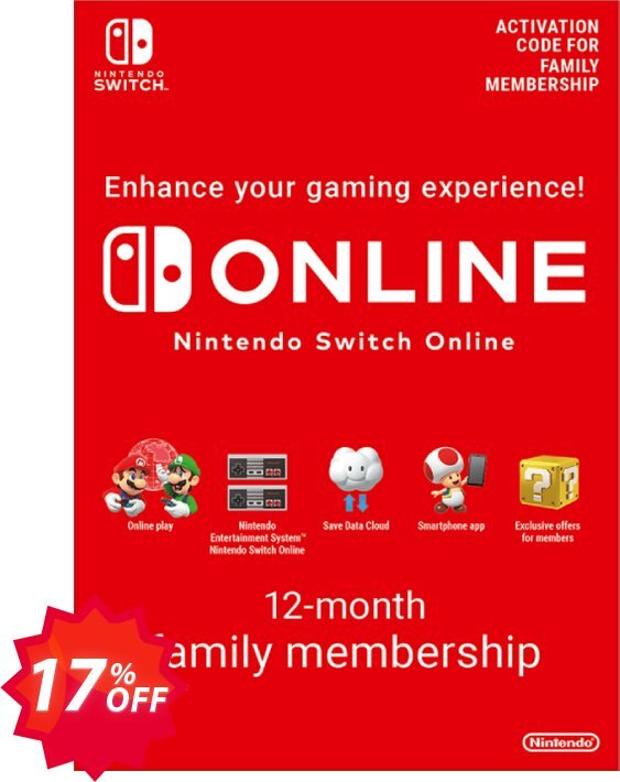 Nintendo Switch Online 12 Month, 365 Day Family Membership Switch Coupon code 17% discount 