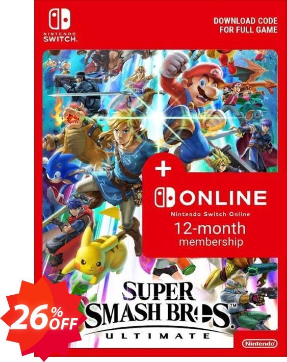 Super Smash Bros. Ultimate + 12 Month Membership Switch Coupon code 26% discount 