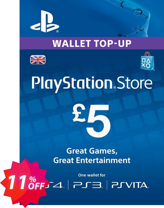 PS Network Card - £5, PS Vita/PS3/PS4  Coupon code 11% discount 