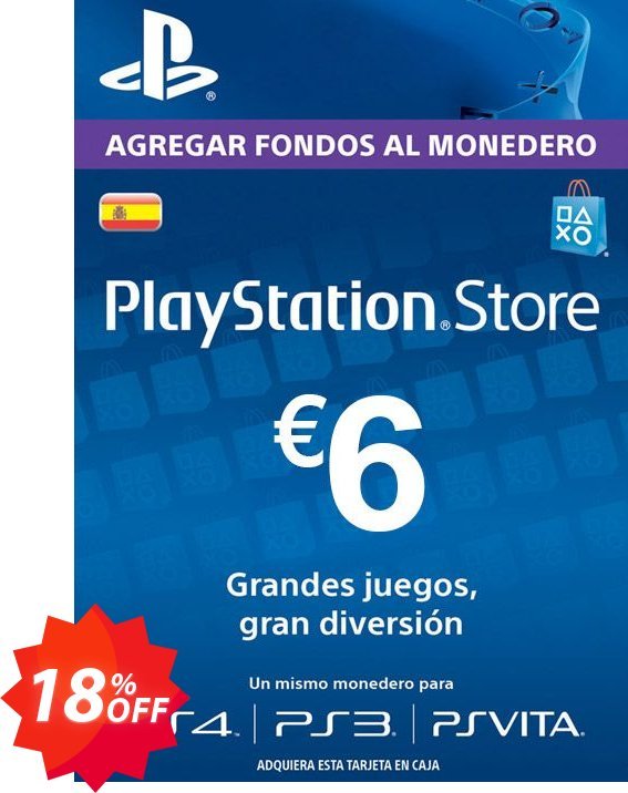 PS Network, PSN Card - 6 EUR, Spain  Coupon code 18% discount 