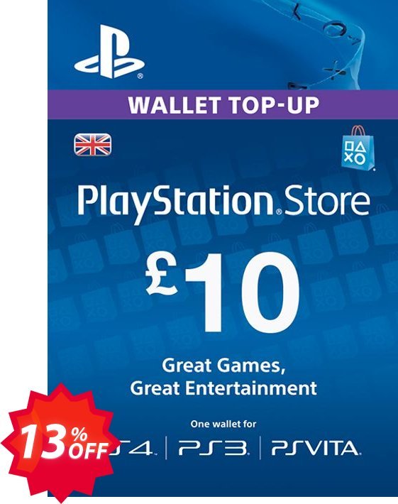 PS Network Card - £10, PS Vita/PS3/PS4  Coupon code 13% discount 