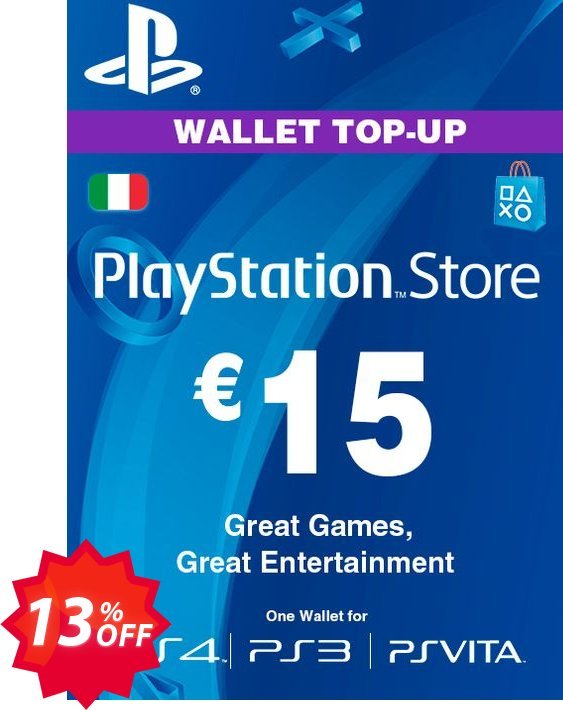 PS Network, PSN Card - 15 EUR, Italy  Coupon code 13% discount 