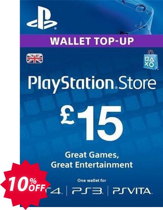 PS Network Card - £15, PS Vita/PS3/PS4  Coupon code 10% discount 