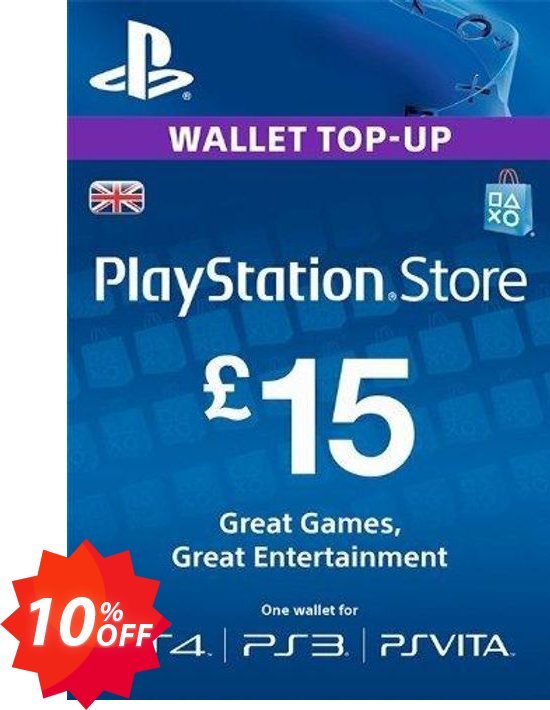 PS Network Card - £15, PS Vita/PS3/PS4  Coupon code 10% discount 