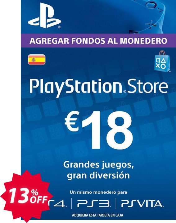 PS Network, PSN Card - 18 EUR, Spain  Coupon code 13% discount 