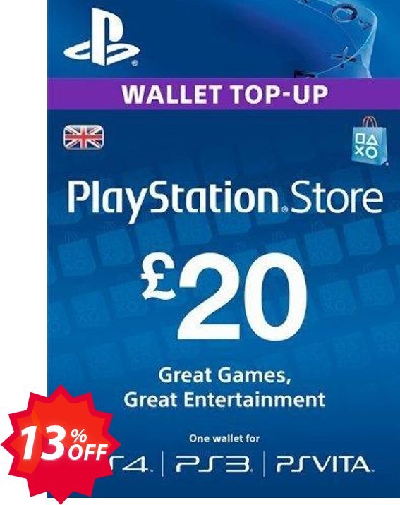 PS Network Card - £20, PS Vita/PS3/PS4  Coupon code 13% discount 