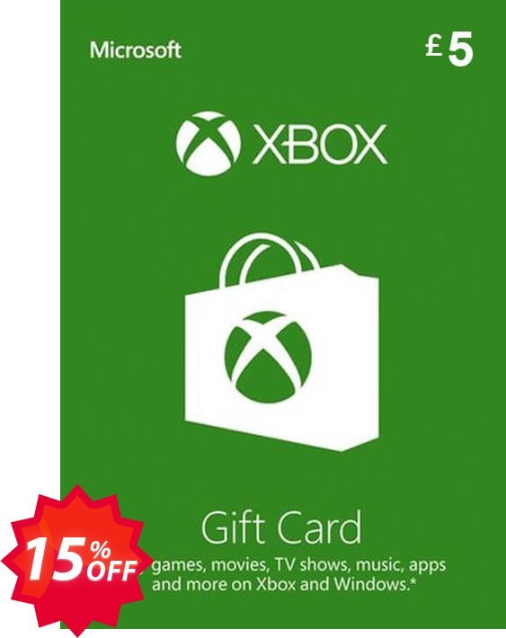 Microsoft Gift Card - £5, Xbox One/360  Coupon code 15% discount 