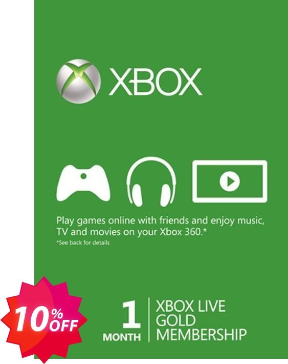 Monthly Xbox Live Gold Membership, Xbox One/360  Coupon code 10% discount 