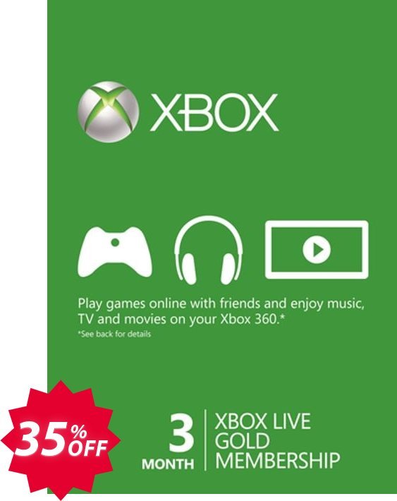 3 Month Xbox Live Gold Membership Card, Xbox One/360  Coupon code 35% discount 