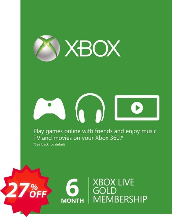 6 Month Xbox Live Gold Membership, Xbox One/360  Coupon code 27% discount 