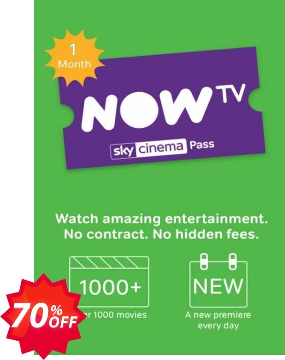 NOW TV - Monthly Movie Pass Coupon code 70% discount 