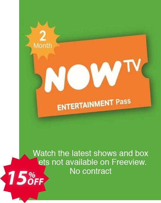 NOW TV - Entertainment 2 Month Pass Coupon code 15% discount 
