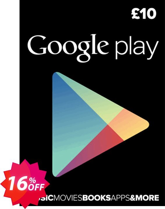 Google Play Gift Card £10 GBP Coupon code 16% discount 