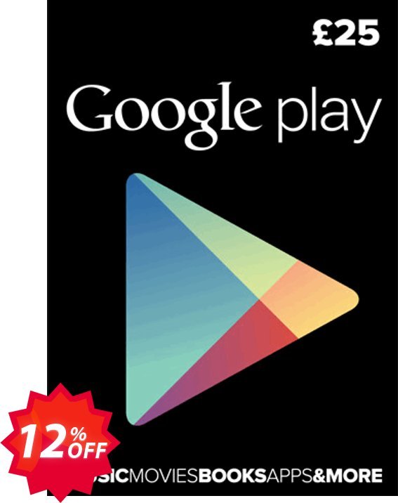 Google Play Gift Card £25 GBP Coupon code 12% discount 