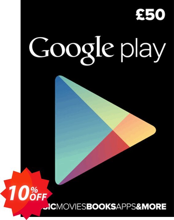 Google Play Gift Card £50 GBP Coupon code 10% discount 