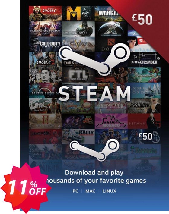 Steam Wallet Top-up £50 GBP Coupon code 11% discount 
