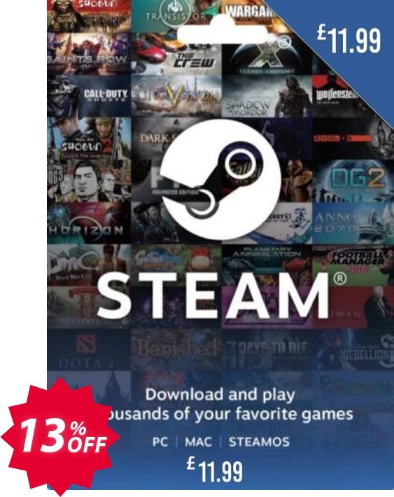 Steam Wallet Top-up £11.99 GBP Coupon code 13% discount 
