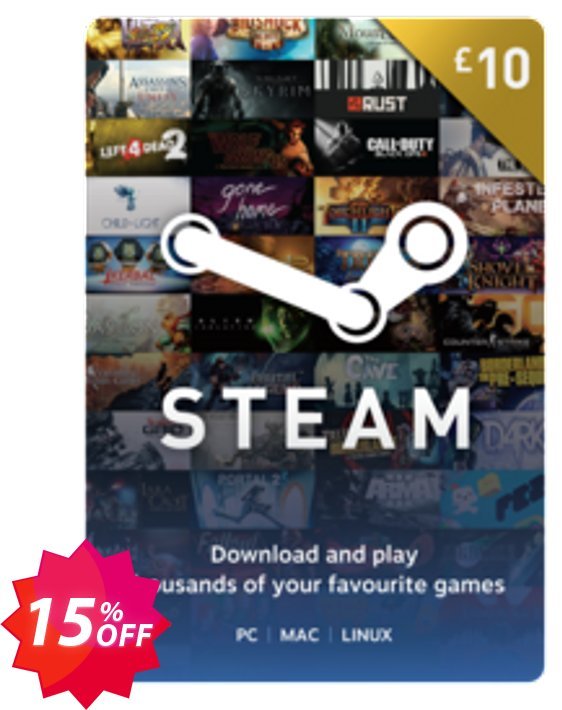 Steam Wallet Top-up 10 GBP Coupon code 15% discount 