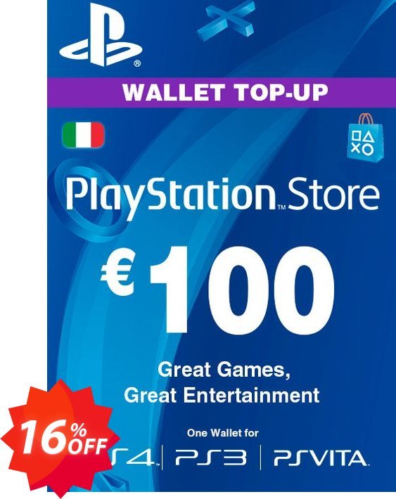 PS Network, PSN Card - 100 EUR, Italy  Coupon code 16% discount 