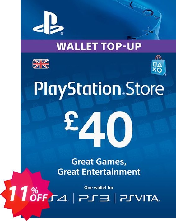 PS Network Card - £40, PS Vita/PS3/PS4  Coupon code 11% discount 