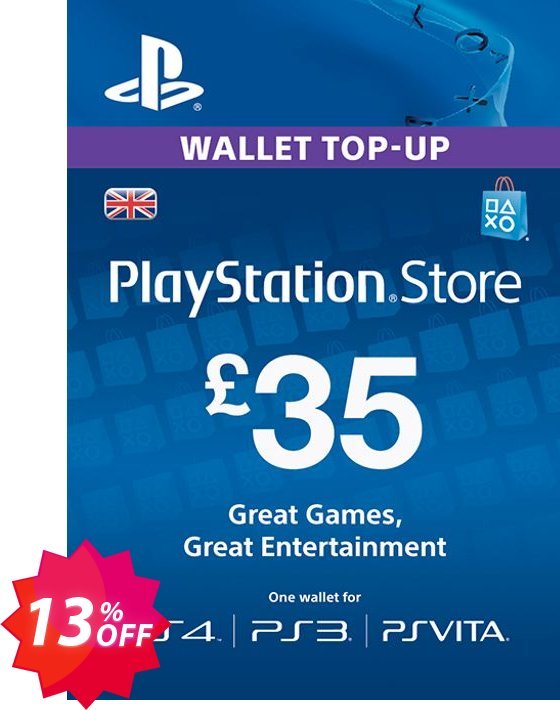 PS Network Card - £35, PS Vita/PS3/PS4  Coupon code 13% discount 