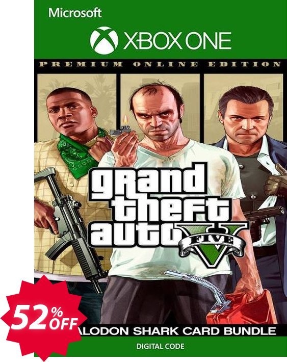 Grand Theft Auto V 5 Premium Online Edition and Megalodon Shark Card Bundle Xbox One, UK  Coupon code 52% discount 