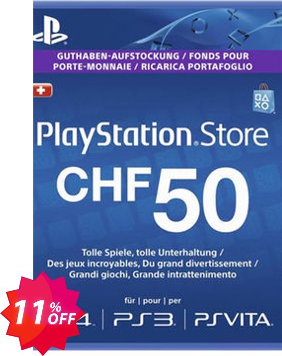 PS Network, PSN Card - 50 CHF, Switzerland  Coupon code 11% discount 
