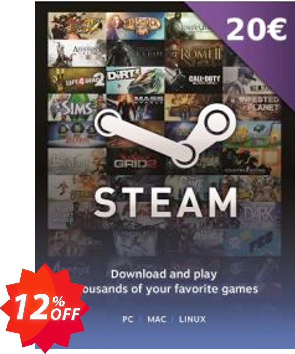 Steam Wallet Top-Up 20 EUR Coupon code 12% discount 