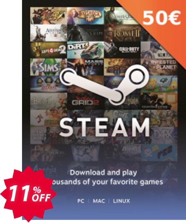Steam Wallet Top-Up 50 EUR Coupon code 11% discount 