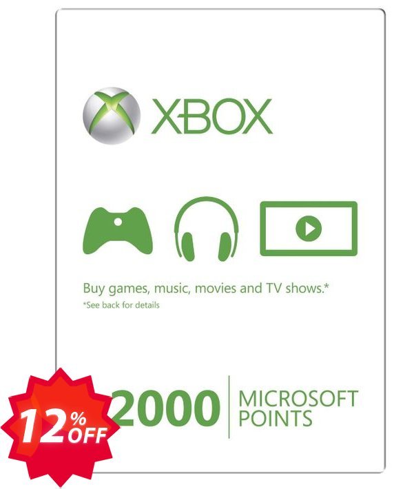 Xbox Live 2000 Microsoft Points, Xbox 360  Coupon code 12% discount 