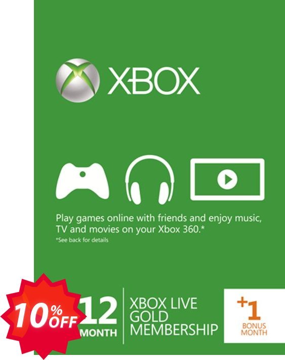 12 + Monthly Xbox Live Gold Membership, Xbox 360  Coupon code 10% discount 
