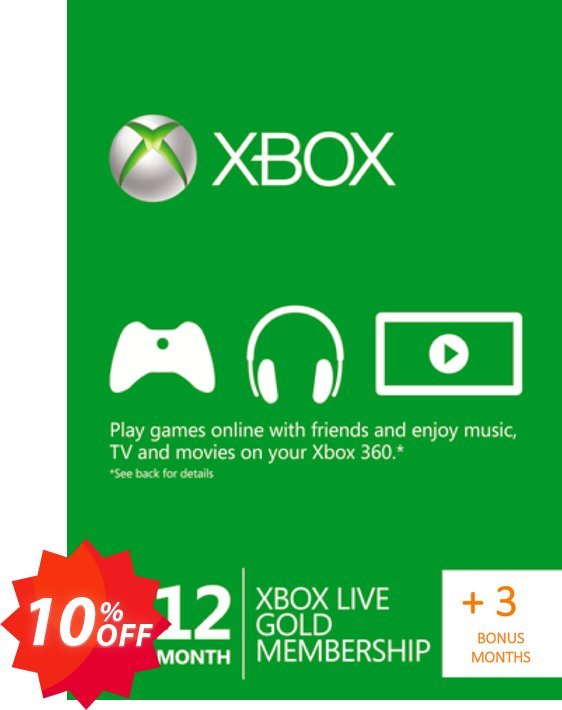 12 + 3 Month Xbox Live Gold Membership, Xbox One/360  Coupon code 10% discount 