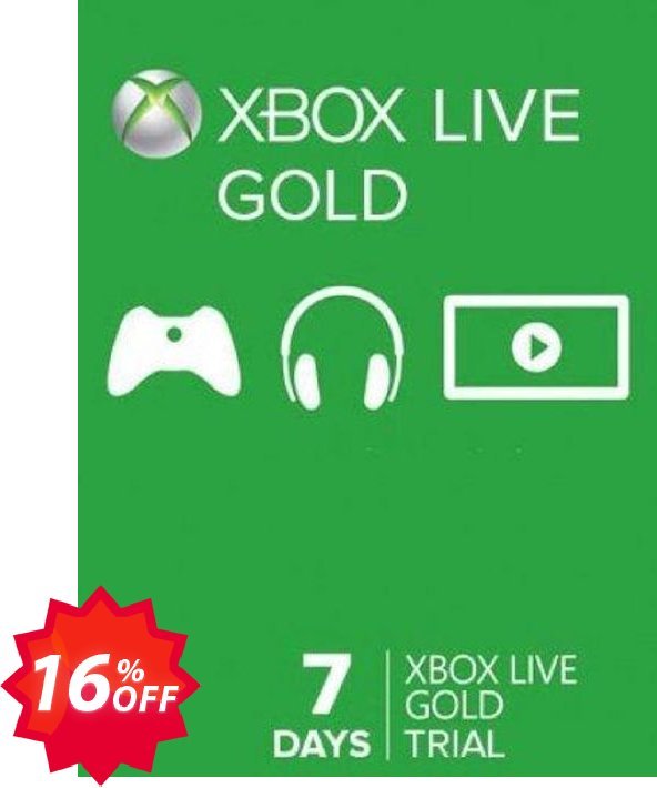7 Day Trial Xbox Live Gold Membership, Xbox One/360  Coupon code 16% discount 