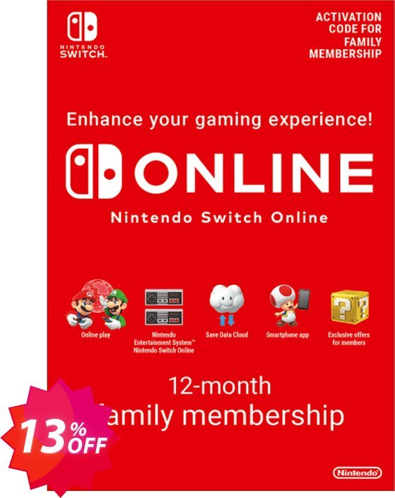 Nintendo Switch Online 12 Month, 365 Day Family Membership Switch, US  Coupon code 13% discount 