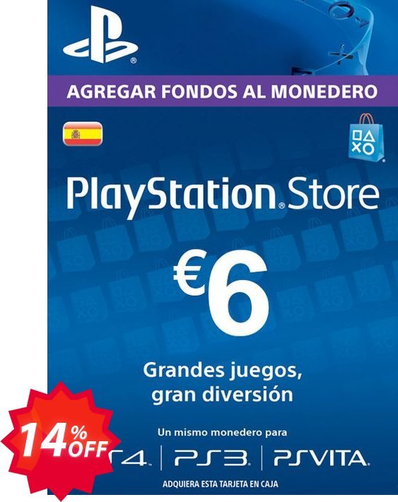 PS Network, PSN Card - 6 EUR, Spain  Coupon code 14% discount 