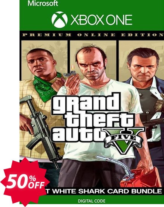 Grand Theft Auto V: Premium Online Edition & Great White Shark Card Bundle Xbox One, UK  Coupon code 50% discount 