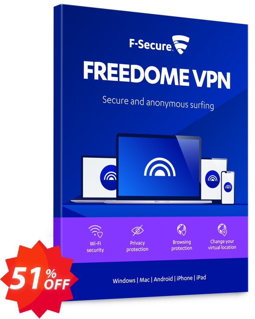 F-Secure FREEDOME VPN 7 devices, 2 Years  Coupon code 51% discount 