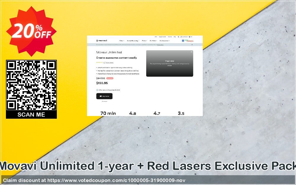 Movavi Unlimited 1-year + Red Lasers Exclusive Pack Coupon, discount 20% OFF Movavi Unlimited 1-year + Red Lasers Exclusive Pack, verified. Promotion: Excellent promo code of Movavi Unlimited 1-year + Red Lasers Exclusive Pack, tested & approved