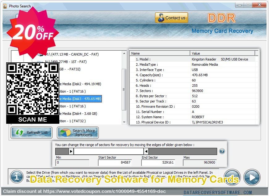 Data Recovery Software for Memory Cards Coupon, discount Data Recovery Software Discount Coupon - 20% Off on Product Price!. Promotion: excellent discounts code of Memory card data recovery software 2024