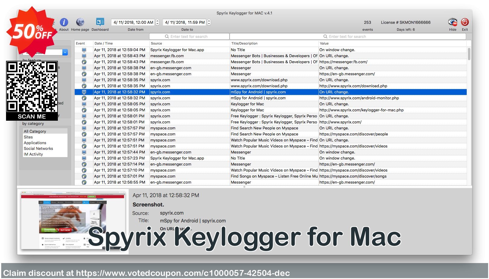 Spyrix Keylogger for MAC Coupon, discount Discount Spyrix Keylogger 50%, special for MAC version. Promotion: pecial for MAC version, offer code of Spyrix Keylogger Monitoring 2023