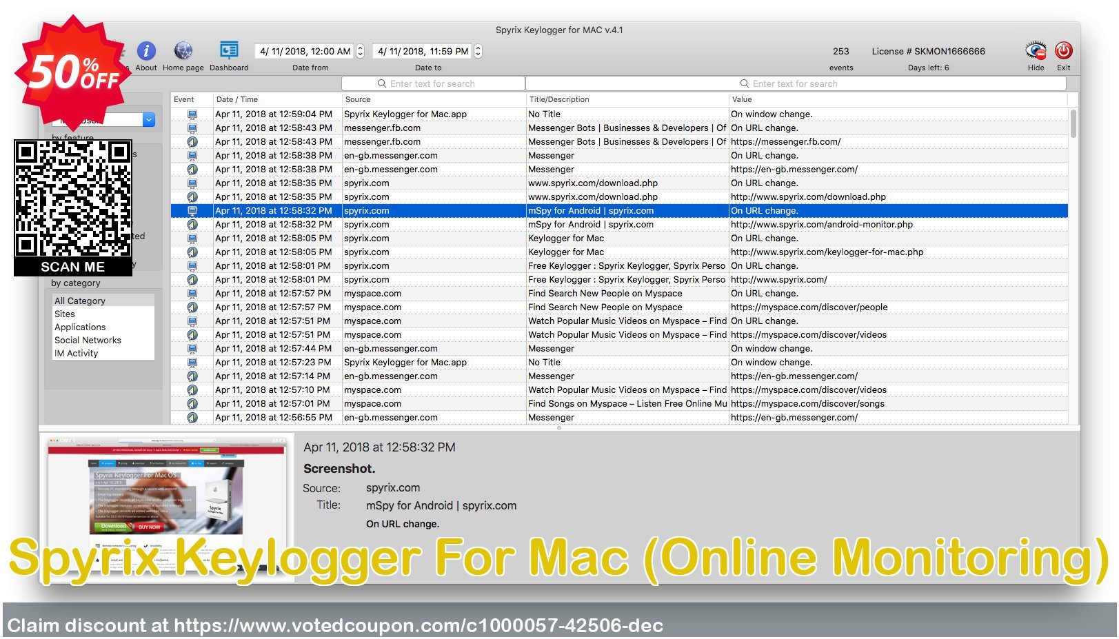 Spyrix Keylogger For MAC, Online Monitoring  Coupon, discount Discount Spyrix Keylogger +Online Monitoring 50%, special for MAC version. Promotion: pecial for MAC version, offer code of Spyrix Keylogger + Online Monitoring2023