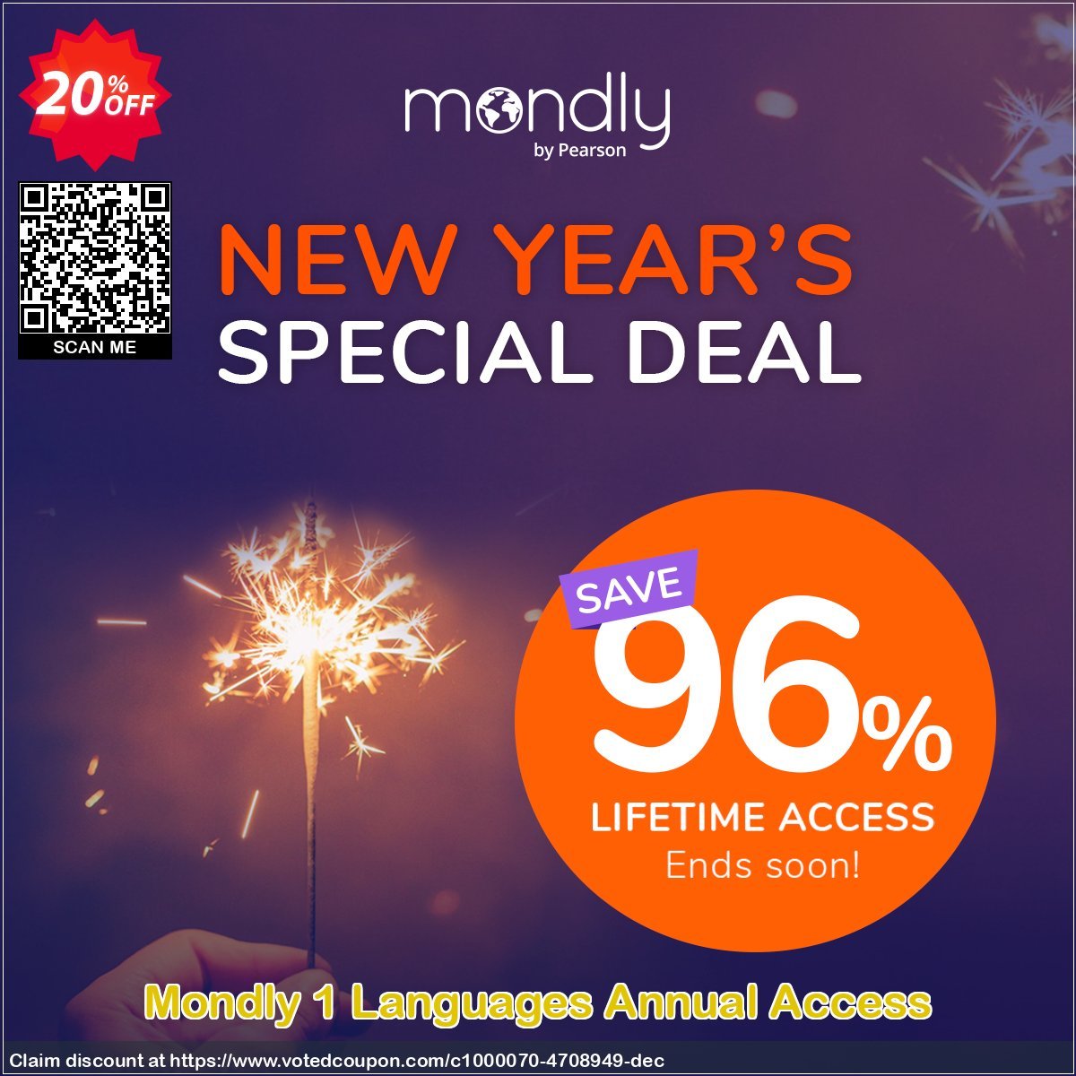 Mondly 1 Languages Annual Access Coupon, discount 20% off Mondly. Promotion: amazing offer code of Mondly Premium 1 Language - Annual Subscription 2023