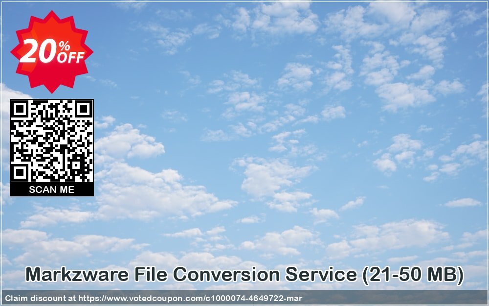 Markzware File Conversion Service, 21-50 MB  Coupon, discount Promo: Mark Sales 15%. Promotion: awesome offer code of File Conversion Service (21-50 MB) 2024