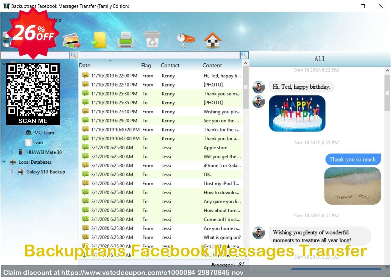 Backuptrans Facebook Messages Transfer Coupon, discount 22% OFF Backuptrans Facebook Messages Transfer, verified. Promotion: Special promotions code of Backuptrans Facebook Messages Transfer, tested & approved