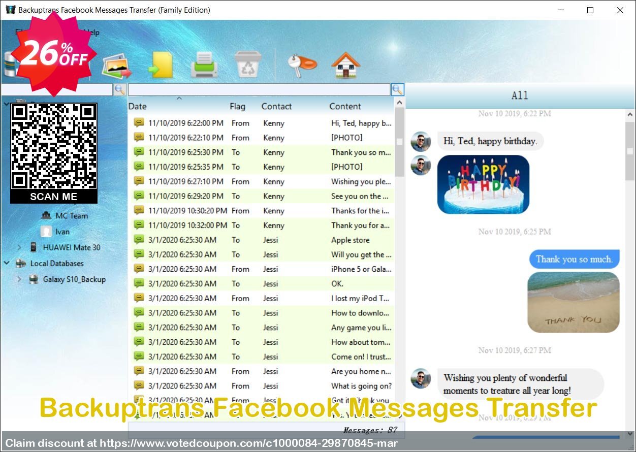 Backuptrans Facebook Messages Transfer Coupon, discount 22% OFF Backuptrans Facebook Messages Transfer, verified. Promotion: Special promotions code of Backuptrans Facebook Messages Transfer, tested & approved