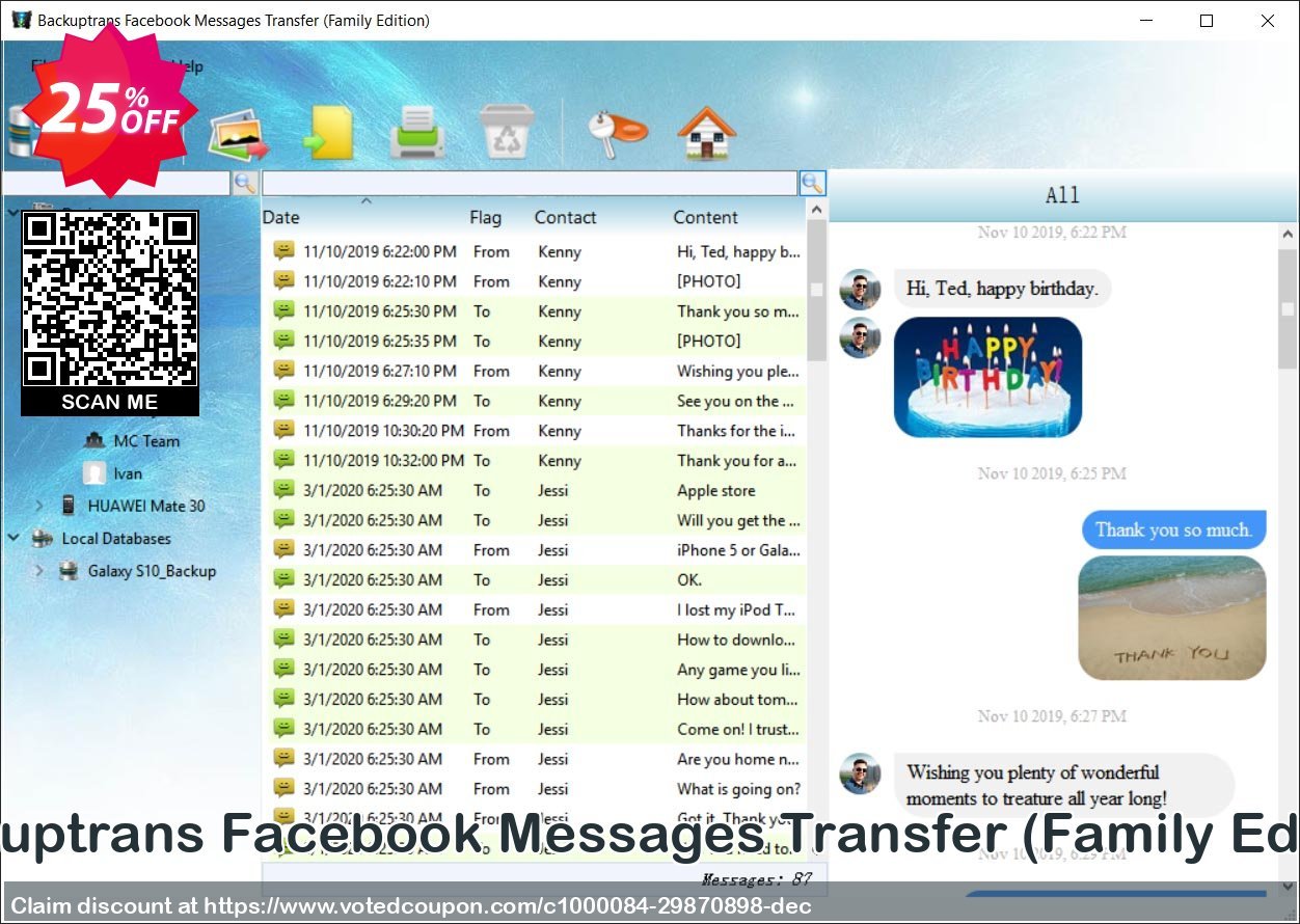 Backuptrans Facebook Messages Transfer, Family Edition  Coupon, discount 10% OFF Backuptrans Facebook Messages Transfer (Family Edition), verified. Promotion: Special promotions code of Backuptrans Facebook Messages Transfer (Family Edition), tested & approved