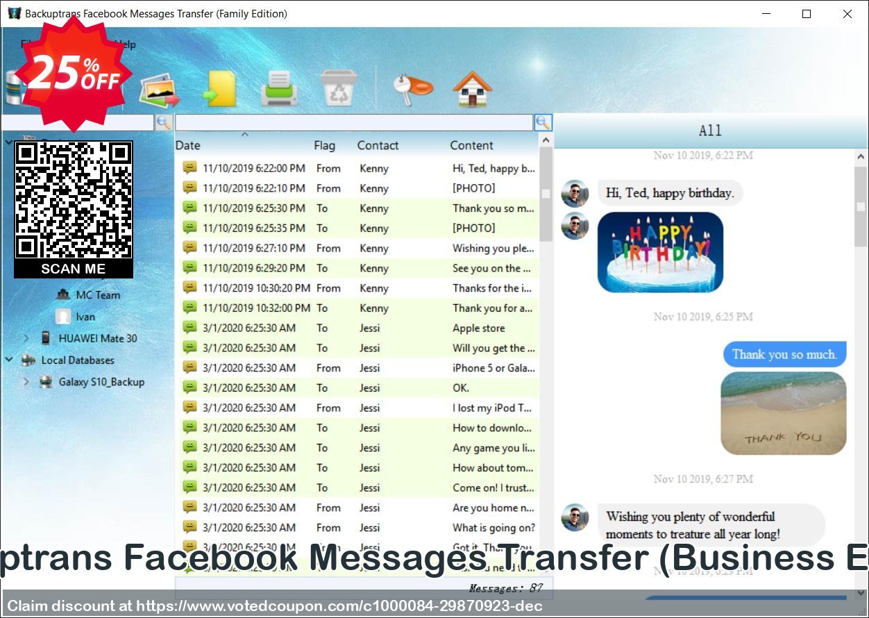 Backuptrans Facebook Messages Transfer, Business Edition  Coupon, discount 10% OFF Backuptrans Facebook Messages Transfer (Business Edition), verified. Promotion: Special promotions code of Backuptrans Facebook Messages Transfer (Business Edition), tested & approved