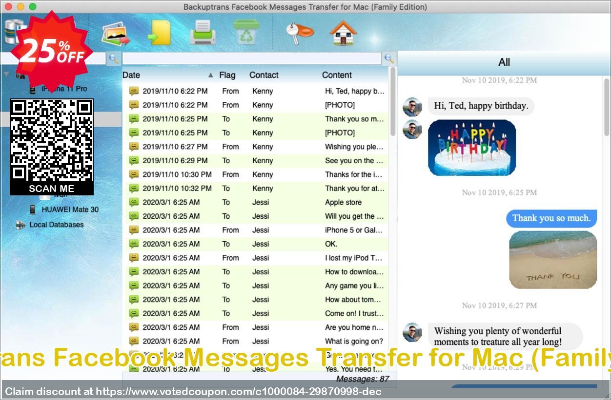 Backuptrans Facebook Messages Transfer for MAC, Family Edition  Coupon, discount 10% OFF Backuptrans Facebook Messages Transfer for Mac (Family Edition), verified. Promotion: Special promotions code of Backuptrans Facebook Messages Transfer for Mac (Family Edition), tested & approved