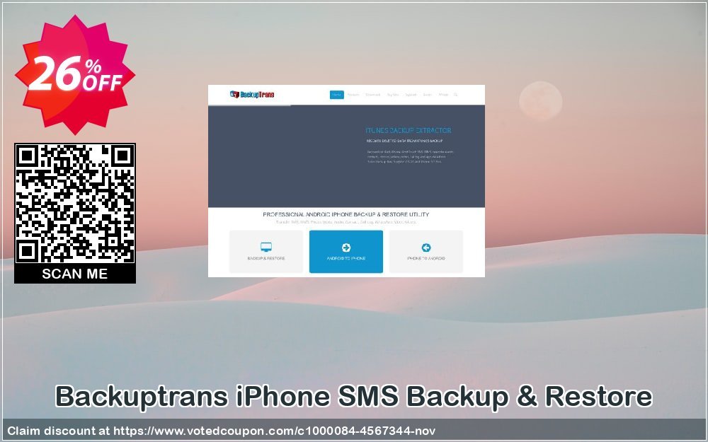 Backuptrans iPhone SMS Backup & Restore Coupon, discount Backuptrans iPhone SMS Backup & Restore (Personal Edition) fearsome deals code 2023. Promotion: formidable sales code of Backuptrans iPhone SMS Backup & Restore (Personal Edition) 2023